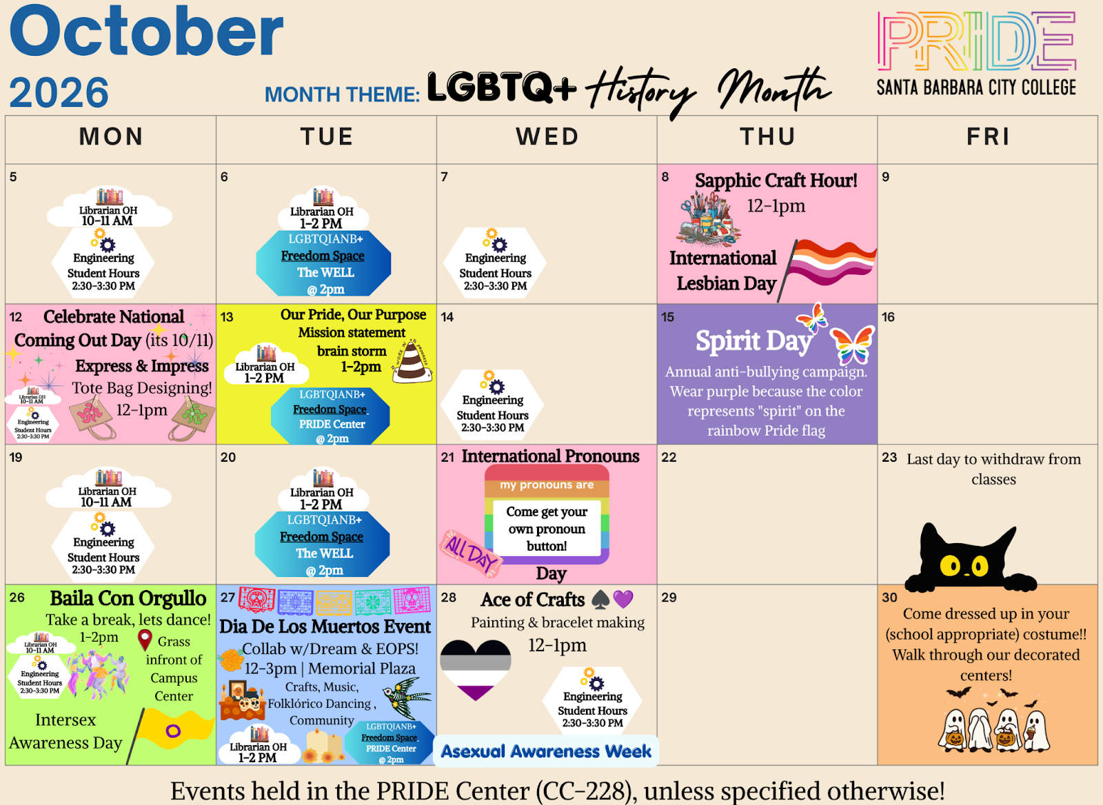 PRIDE Center October 2026 Calendar